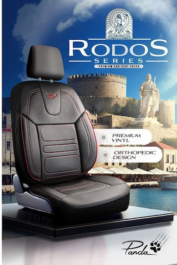 Комплект Калъфи За Автомобилни Седалки Universal Panda Rodos Eco Кожа Предни Задни Черен Червена Лента