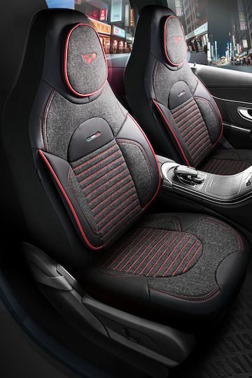 Set Huse Scaune Auto Universal Panda Enzo Material Textil Față Spate Lipit Tetieră Negru Dungi Roșii