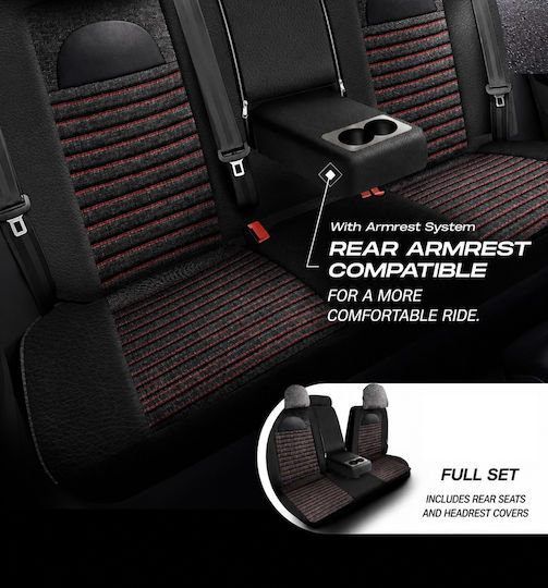 Set Huse Scaune Auto Universal Panda Enzo Material Textil Față Spate Lipit Tetieră Negru Dungi Roșii