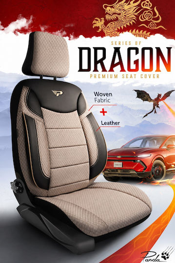 Set Huse Scaune Auto Universal Panda Dragon Material Eco Piele Față Spate Negru Bej