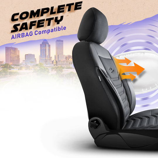 Universal Car Seat Covers Set Panda Florida Fabric Eco Leather Front Rear Black Grey