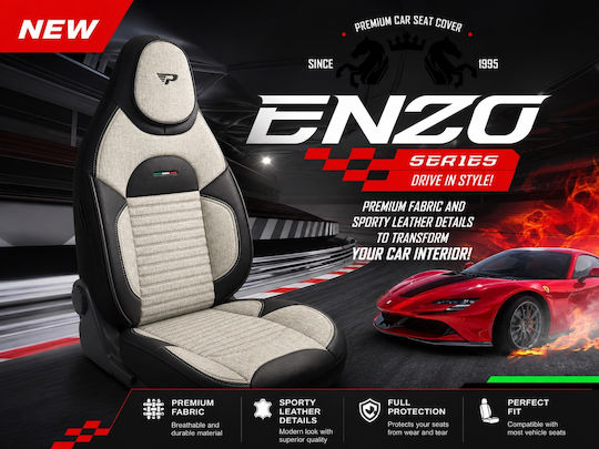 Комплект Калъфи За Автомобилни Седалки Universal Panda Enzo Плат Предни Задни Залепени Подглавник Черен Ивори