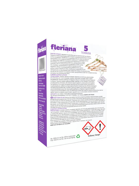 Fleriana Αρωματικό Ντουλάπας Φυσικό Σκοροαπωθητικό με Άρωμα Γερανιόλη και Λεβάντα 5τμχ