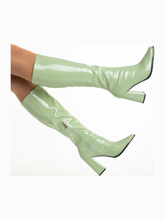 Women's Boots Made of Patent Leather with High Heel Green