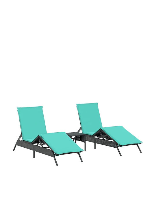 Garden Pool Deckchair Rattan with Pillow Turquoise with Table Set of 2 Pieces 200x59x26cm