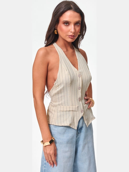Women's Sleeveless Striped Beige Blouse