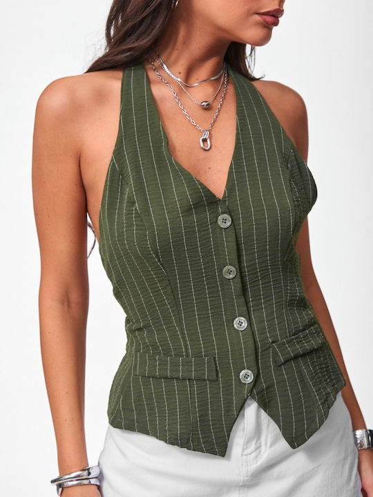 Women's Sleeveless Striped Khaki Blouse