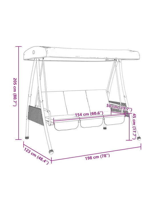 Garten & Veranda Schaukel mit Basis und Kissen 3 Sitze Metallisch Gray L198xB123xH205cm