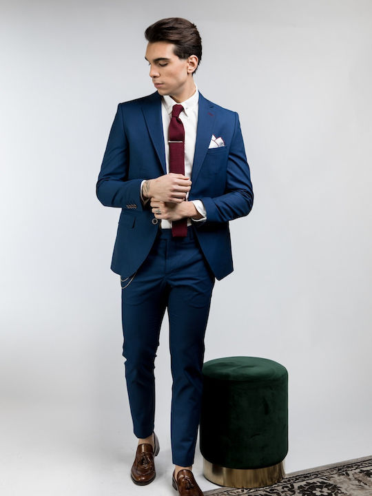 Summer Men's Suit with Slim Fit Grey Blue