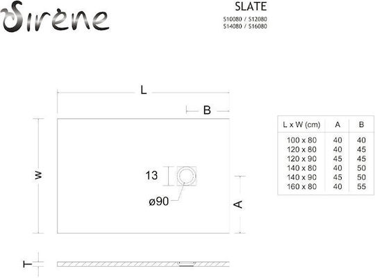 Sirene Slate Rectangulară Duș din piatră artificială 100x80cm Gri