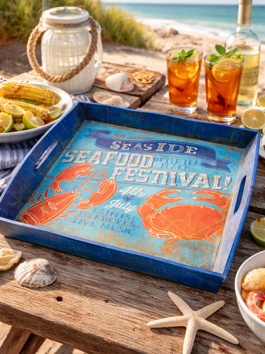 Collezione Imports Wooden Rectangular Serving Tray with Handles in Blue Color 35x29x6cm 1407001 1pcs