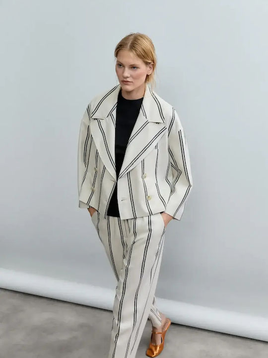 Damen Hochgeschnittenes Stoffhose in Breit Bein Stil Gestreift Ivory