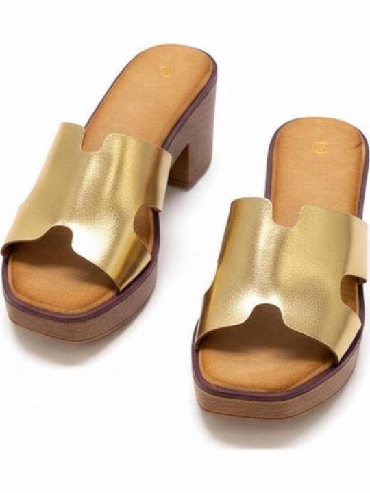 Damen Pantoletten mit Chunky Hoch Absatz in Gold Farbe