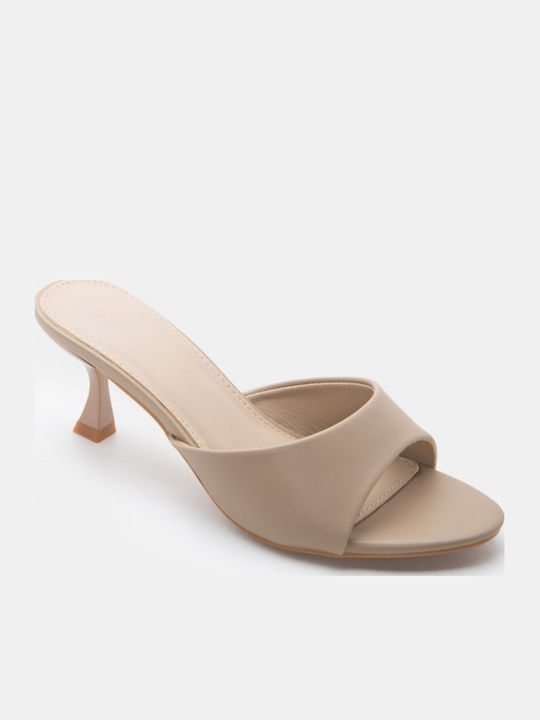 Mules With Low Heel In Beige Colour