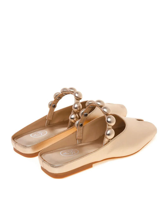 Blanche04 Δερμάτινα Mules με Τακούνι σε Χρυσό Χρώμα