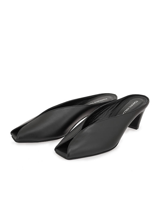 Leather Mules with Low Heel in Black Colour