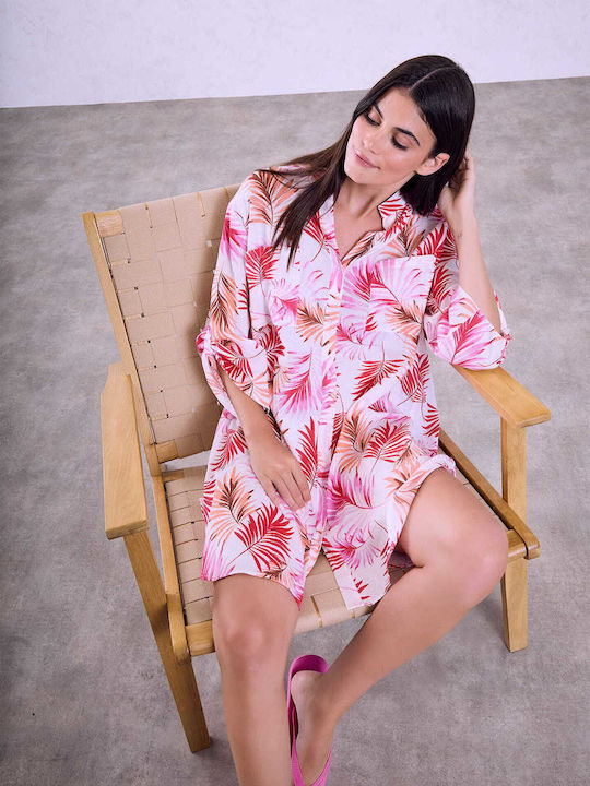 Celestino Women's Printed Caftan Shirt Pockets Loose Fit Fuchsia