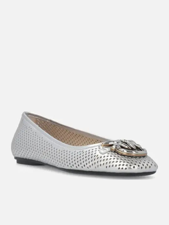 Leather Women's Ballerina Shoes in Silver Colour