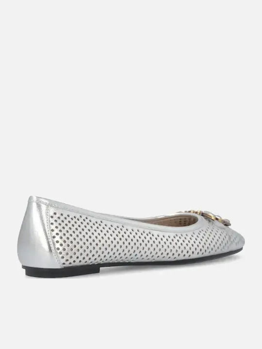 Leather Women's Ballerina Shoes in Silver Colour