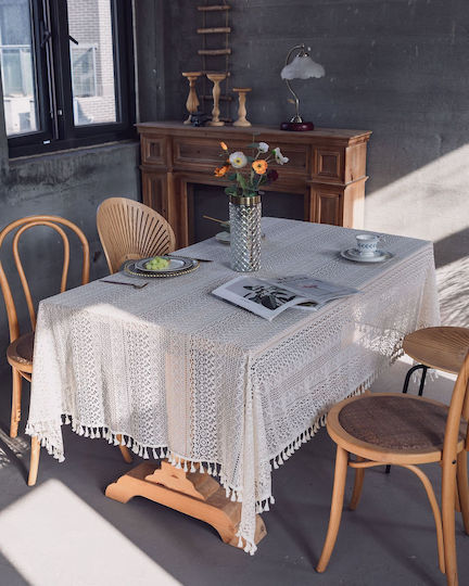 FRIPIA Cotton Tablecloth With Beige Lace 140x220cm