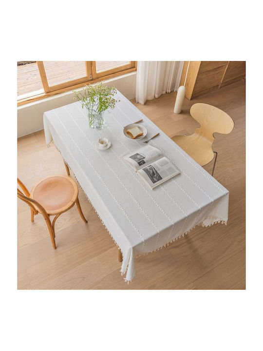 FRIPIA Leinen Tischtuch mit Stickerei Weiß 140x250cm