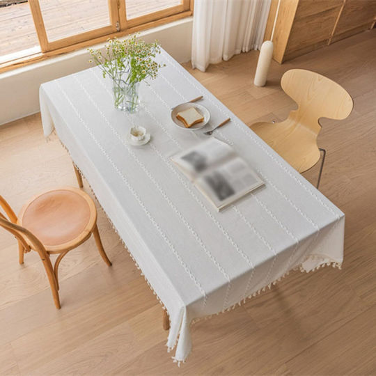 FRIPIA Leinen Tischtuch mit Stickerei Weiß 140x350cm