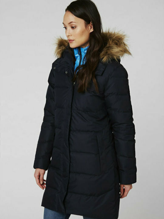 Aden Lang Damen Puffer Jacke mit pelziger Kapuze für Winter Marineblau