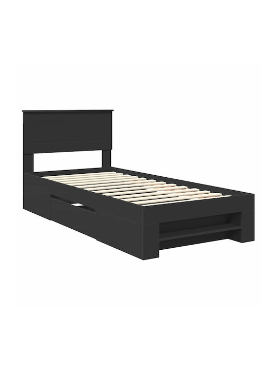 Pat Single Din Lemn Negru Cu Plăci Potrivit Pentru Saltea 90x200cm