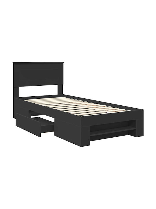 Pat Single Din Lemn Negru Cu Plăci Potrivit Pentru Saltea 90x200cm