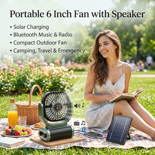 Ventilator Portabil Puternic Încărcare Solară Radio Fm Design Compact Bază Pliabilă Neagră