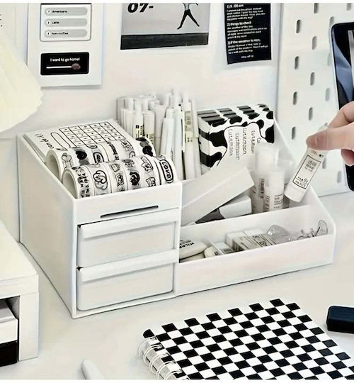 Stewehome Desktop Organizer Drawers Cosmetics Perfumes Lipsticks Jewelry White 25x15.5x11 Cm