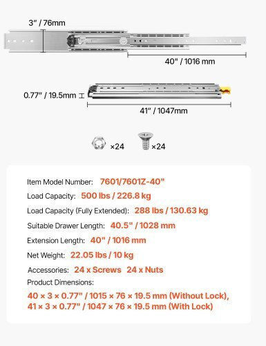 Vevor 1 Pair 16-60 In Soft-close Drawer Slides Ball Bearing Full Extension