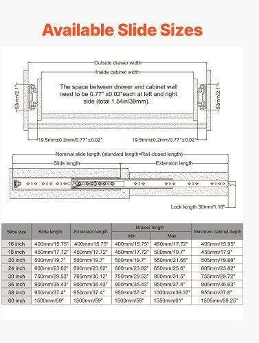 Vevor 1 Pair 16-60 In Soft-close Drawer Slides Ball Bearing Full Extension