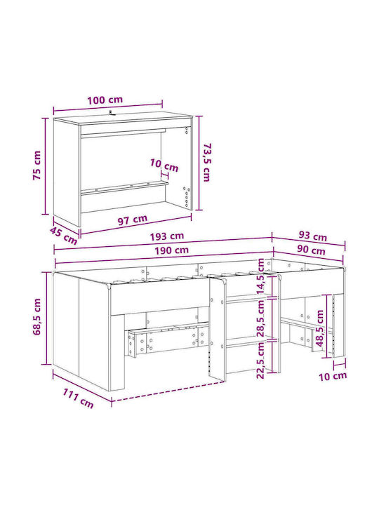 Pat Single pentru Copii cu Birou Alb pentru Saltea 90x190cm