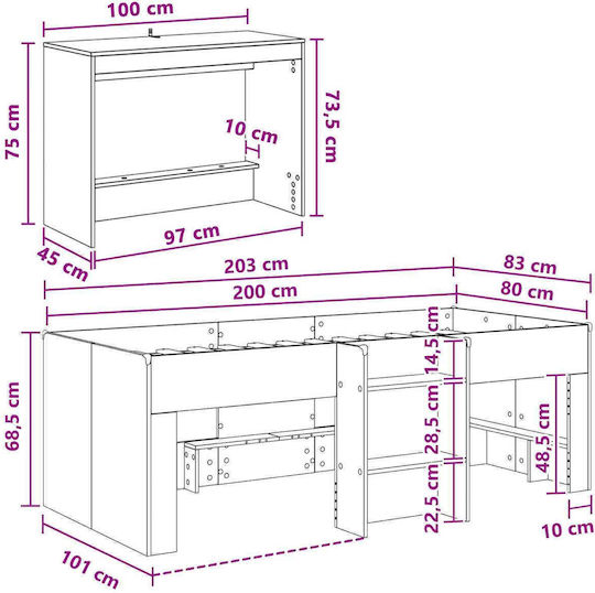 Pat Single pentru Copii cu Birou Alb pentru Saltea 80x200cm