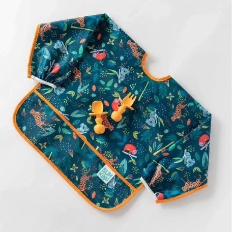 Bumkins Αδιάβροχη Ποδιά Πλαστική με Κορδόνι Sleeved Bib με Τσέπη & Μανίκια Jungle για 6 m+