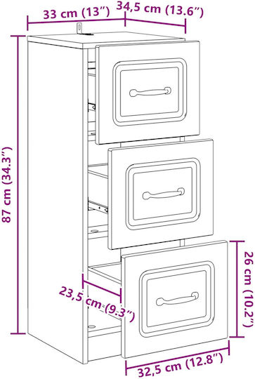 Comodă de Depozitare din Lemn cu 3 Sertare M33xL34.5xÎ87cm