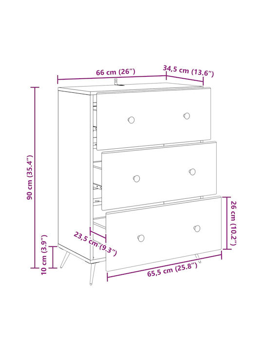 Kommode Schlafzimmer aus Holz & Metall mit 3 Schubladen 66x34.5x90cm