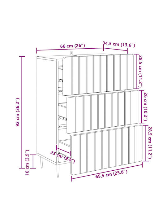 vidaXL Kommode Für Schlafzimmer Holz Mit 3 Schubladen Räucherholz Eiche 66x34.5x92cm