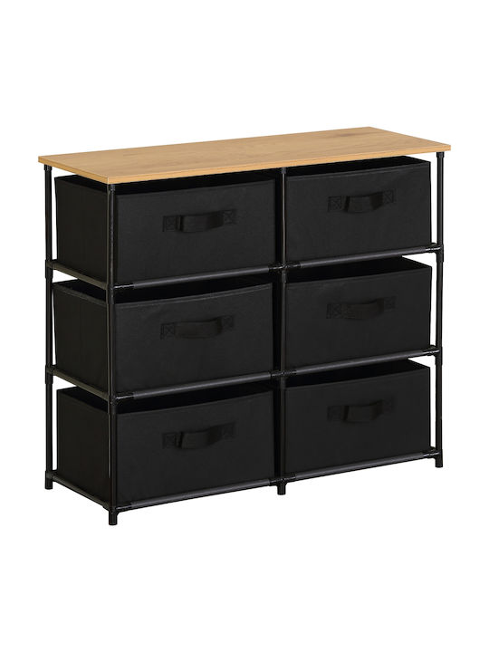 Soren Wooden & Metallic Chest of Drawers with 6 Drawers Black/oak with Fabric Coating 76x30x68cm