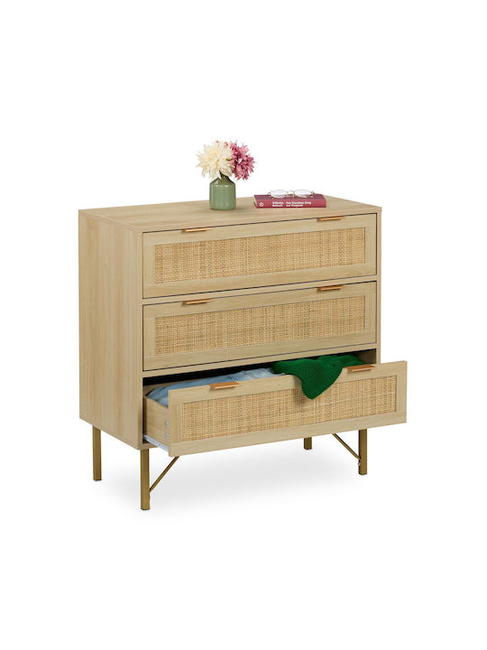 Comodă Dormitor Din Lemn cu 3 Sertare Natural/Auriu 80x42x80cm