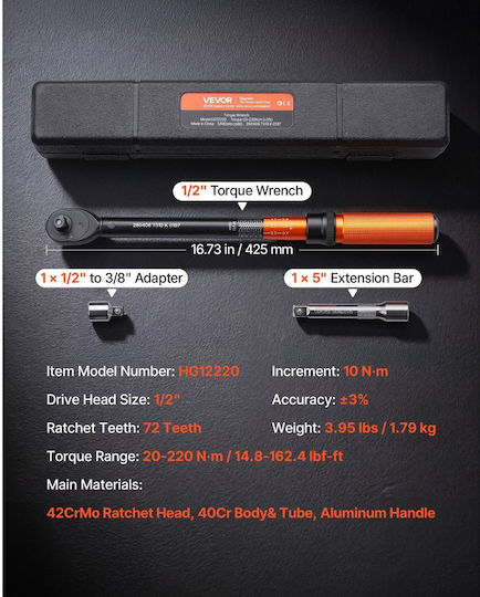 Vevor Torque Wrench Drive 1/2" 20-220 Nm