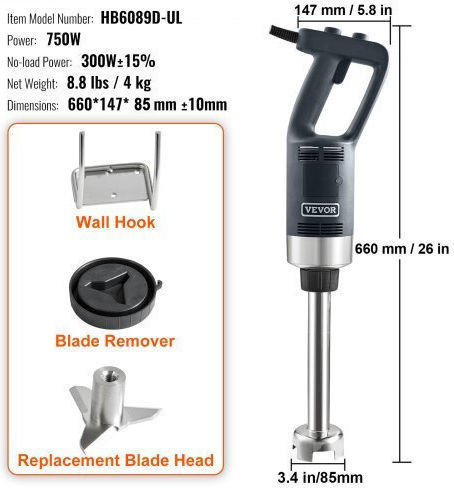 Vevor Blender De Mână Comercial Cu Putere 750W