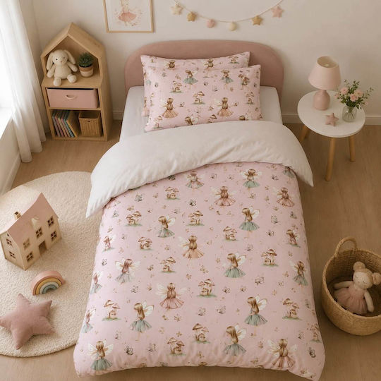 Astron Italy Сет Единични Спални Комплекти с Ластик Памучни Fairy Girl Розови 105x200см 2 Бройки