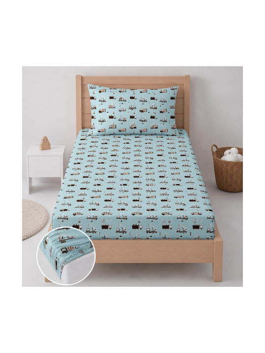 Astron Italy Single Sheet Set With Elastic Band Cotton Trucks Green 100x200cm 3 Pieces