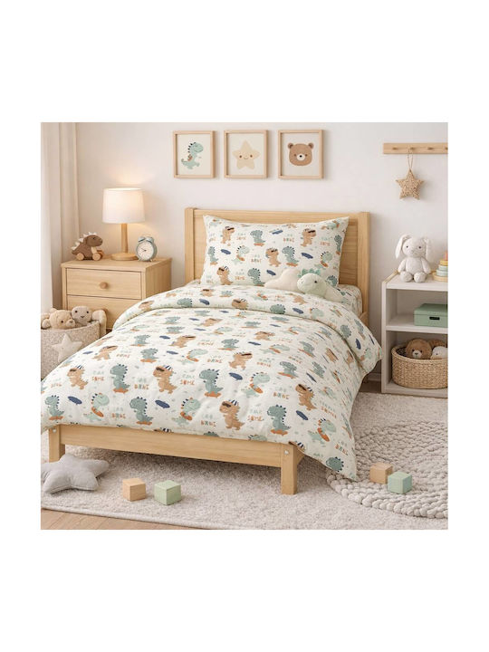 Astron Italy Σετ Σεντόνια Μονά Βαμβακερά Cool Dino Μπεζ 175x260cm 3τμχ