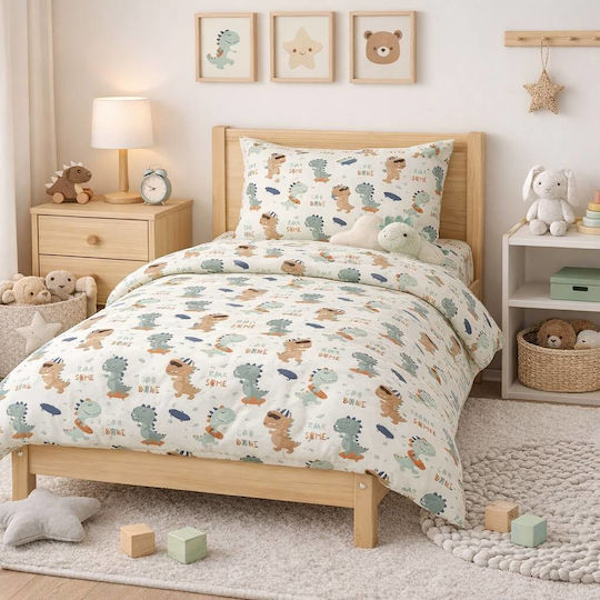 Astron Italy Σετ Σεντόνια Μονά Βαμβακερά Cool Dino Μπεζ 175x260cm 3τμχ