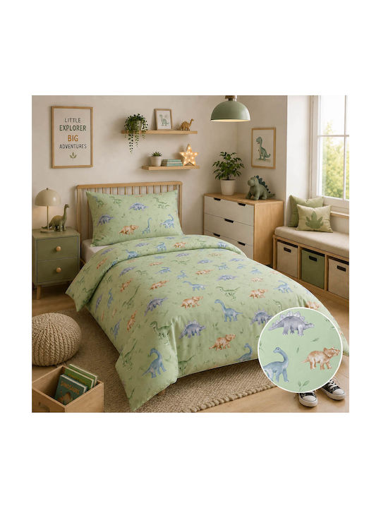Astron Italy Kids Sheets Single Cotton Dinosaurs Green 175x260cm 3 Pieces