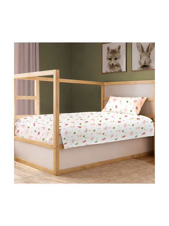 Dimcol Single Cotton Sheets Set Happy Safari 712 White Pink 160x240cm 2 Pieces