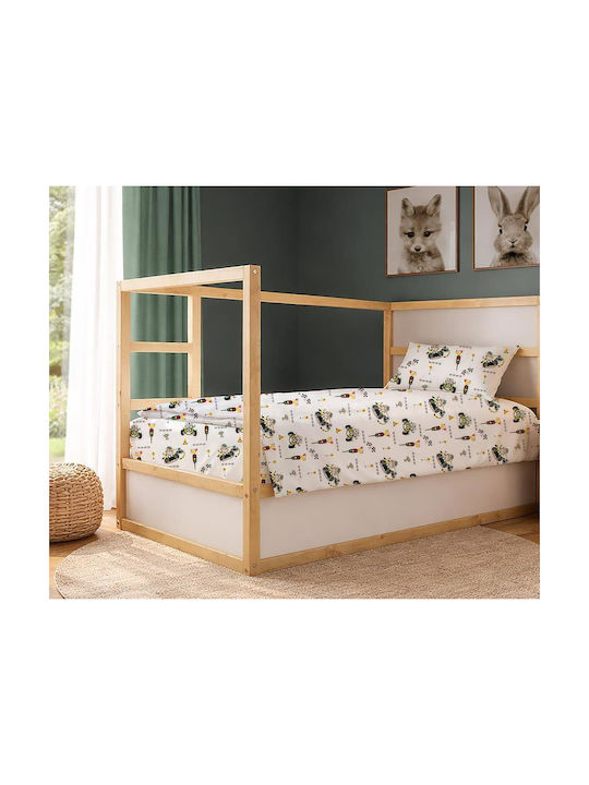 Dimcol Σετ Σεντόνια Μονά Βαμβακερά Animal Grand Prix 590 White-olive 160x240cm 2τμχ